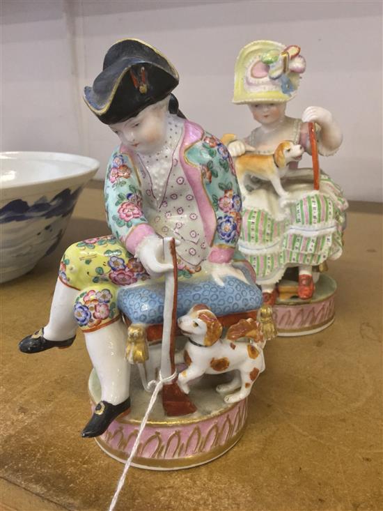 A pair of Continental porcelain groups of a lady and gentleman, late 19th century, 15cm and 15.5cm